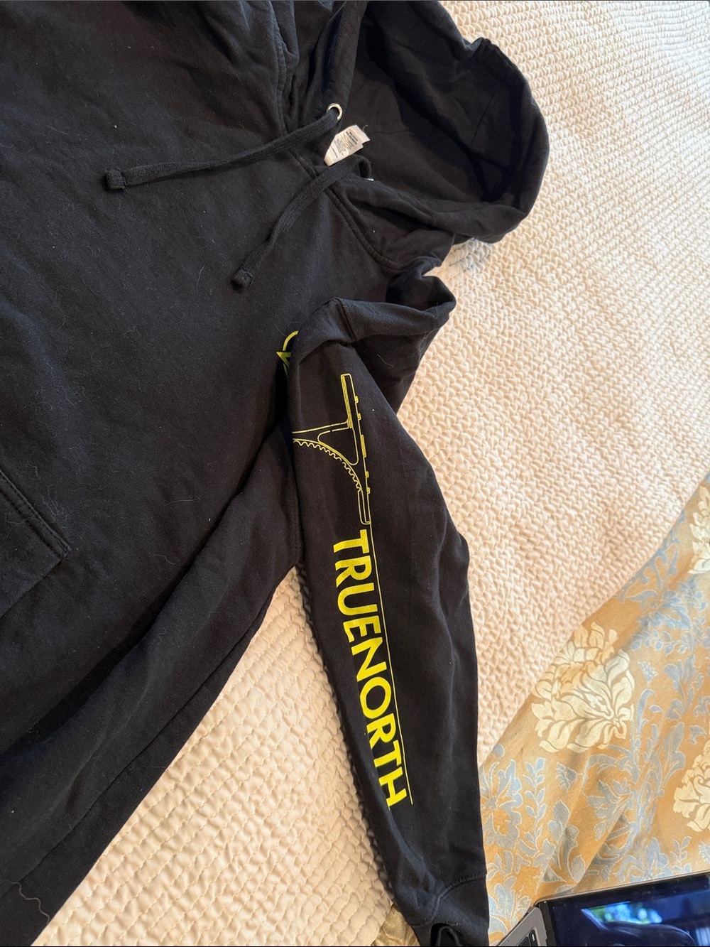 Independent trading company Men's Black Crewneck Hoodie with Yellow Sleeve Print